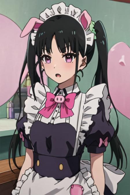 best quality, masterpiece, highres, solo, {yumechi_akibameidosensou:1.15}, black_hair, maid_headdress, maid, twintails, animal_ears, purple_eyes, bow, long_hair, pink_bow, apron, fake_animal_ears, maid_apron, bangs, pig_ears, 1girl, hat, hair_ornament, scrunchie, sportswear, anime_coloring, purple_headwear, baseball_cap, blurry, closed_mouth, open_mouth, outdoors