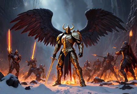 score_9, score_8_up, score_7_up,  ((Angels1.3 in snow-white neon golden armor plates)),
( battle stages in hell )       ,between the 2 forces of GOOD1.3 vs EVIL1.3, hordes of multiple combatants ((from both sides:1.3)), ((in center of the battle Archangel:1.5 thrusts with his golden spear and shield  the  while ArchDevil:1.3 defends himself)) , darkness and strong divine light, mighty and graceful, , Hell gate:1.3, pure_elegance, red_glowing_outline, indistinct dream, somber, holy + unholy, ancient world, night, indeterminate, d4rk01l, masterpiece, best quality, highly detailed 
, glowing clothes, detailed background, highly detailed, 4k, high resolution, high quality, deep detailed,pitch_black_feminine_silhouette