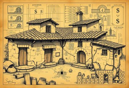 A 1920s architectural blueprint with a chaotic twist, sketched over a crumbling, Italian-style shanty with worn terracotta roofs and rustic stone walls. Intertwined with the blueprint are intricate designs of junk bonds, old stock certificates, and financial symbols, hinting at a time of economic collapse. Super Mario Bros elements sneak through the scene—iconic pipes, brick blocks, and pixelated mushrooms blend into the shanty’s Italian countryside charm. The scene is washed in warm sepia and olive tones, evoking a vintage Mediterranean feel, while playful Super Mario references bring a whimsical contrast to the classic Italian aesthetic