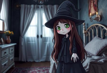 A cute but creepy witch, long brown hair, blue green eyes, standing next to an empty bed