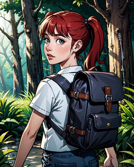 1girl, female child, short twintails, twintails, swept bangs, backpack, forest, red hair, walking, realistic, (photorealistic:1.1), (lineart:0.8), (black outline:0.4), (thick outlines:0.5)