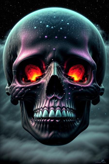 A close-up photorealistic image of a crystallic floating skull facing the viewer with its mouth open, pouring from it's mouth a shimmering liquid resembling the universe onto the ground, filled with rich stars and swirling galaxies. A simple void background enhances the dark atmosphere, shrouded in fog, capturing the hypnotic flow and shimmer of the cosmic liquid,from above view,