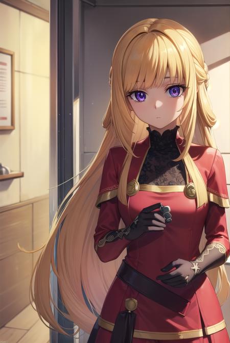 kudelia aina bernstein, (purple eyes:1.1), long hair, blonde hair, bangs, blunt bangs,  kudelia aina bernstein, (purple eyes:1.1), long hair, blonde hair, bangs, blunt bangs, ponytail, gloves, dress, red dress, white gloves, capelet, gown, red gown, apricot, black apricot, skirt, shirt, long sleeves, belt, long skirt, white shirt, collar bone, green skirt,