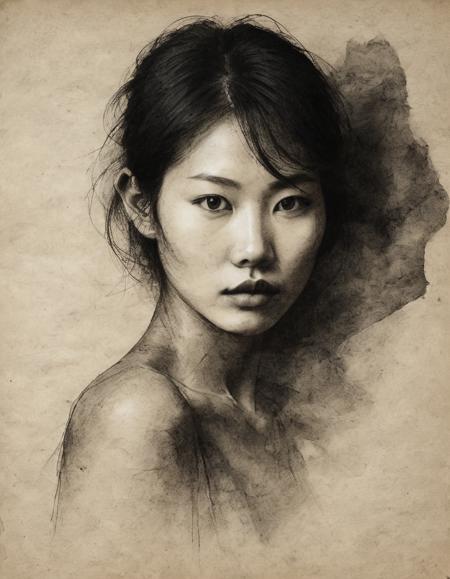 black ink on parchment dark moody minimal portrait of a Korean model emerging from the shadows