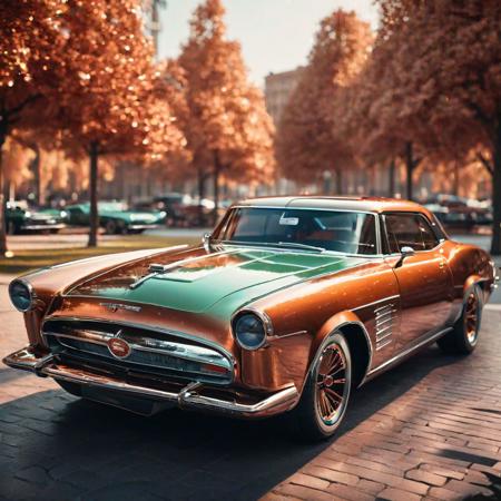 muscle car standing in city park, 3D render, trends on cg society, retrofuturism, hyper-realistic photography], antique copper paint for cars, supercar, kodakchrome : : 8 k, anton fadeev 8 k, sports car, with big chrome pipes, classic cars, concept art 8 k, sports car, professional photography]