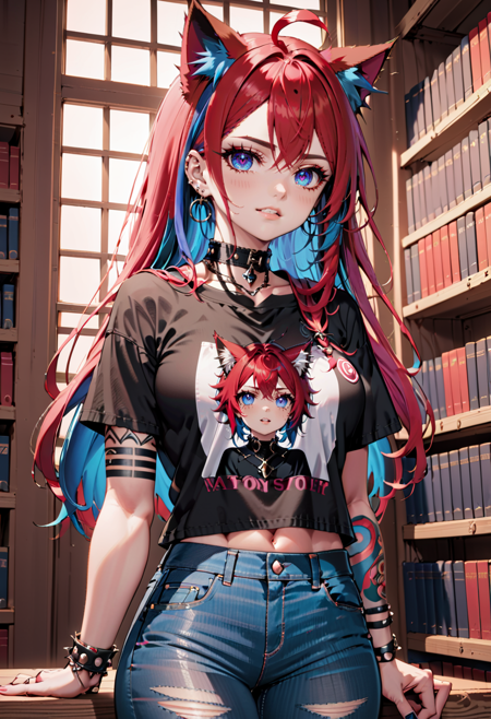 AnidskXL,  1girl,  solo,  ahoge,  animal ear fluff,  animal ears,  black shirt,  blue hair,  blue pants,  blush,  book,  book stack,  bookshelf,  bracelet,  building,  cat ears,  choker,  closed mouth,  clothes writing,  collar,  collarbone,  colored inner hair,  cowboy shot,  day,  denim,  ear piercing,  earrings,  jeans,  jewelry,  long hair,  looking at viewer,  outdoors,  pants,  piercing,  pink hair,  purple eyes,  red hair,  ring,  shirt,  short sleeves,  spiked bracelet,  spiked choker,  spiked collar,  spikes,  standing,  streaked hair,  t-shirt,  tattoo, <lora:AnimeSDXLv1:0.8>