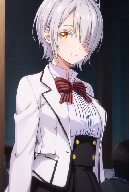 chartreuxwestia, <lora:chartreux westia s1-lora-nochekaiser:1>,
chartreux westia, short hair, bangs, (yellow eyes:1.3), grey hair, (hair over one eye:1.5), smile,
BREAK skirt, shirt, bow, school uniform, jacket, white shirt, striped, bowtie, black skirt, red bow, white jacket, tiara, striped bow,
BREAK indoors, classroom,
BREAK looking at viewer, (cowboy shot:1.5),
BREAK <lyco:GoodHands-beta2:1>, (masterpiece:1.2), best quality, high resolution, unity 8k wallpaper, (illustration:0.8), (beautiful detailed eyes:1.6), extremely detailed face, perfect lighting, extremely detailed CG, (perfect hands, perfect anatomy),