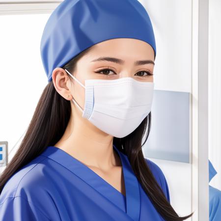 RAW photo, absurdres, high quality, photorealistic, sharp focus, 
a woman wearing scrubs, cap, mask, 
indoors, hospital, hallway, 
photo realism, ultra-detailed, 50mm, f1. 4, 8k uhd, film grain, 
 <lora:nurse:1>