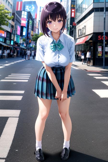 suwwer_schooluniform (bow, school uniform, white shirt, short sleeves, pleated skirt, collared shirt, black footwear, plaid, plaid skirt, white socks, loafers, shirt tucked in, green bowtie)