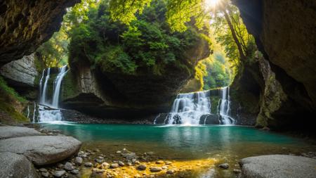 outdoors, day, water, tree, no humans, sunlight, nature, scenery, forest, rock, river, waterfall, landscape, cave