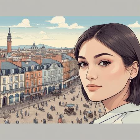 Studio ghibli style illustration of the face of a woman looking at the viewer with a victorian city square in the background,  olxholt, <lora:olholt_juggerX_xl_1_st_woc_merger_73_131_05_05_olxholt:1>
