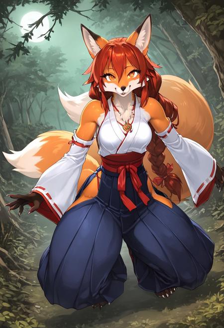 score_9, score_8_up, score_7_up, Expressiveh, solo, (xxiii:0.85). / furry futanari, anthro fox, (fox fur, striped body, striped fur, dense fur, long fur, (fluffy:2), ((canines), claws, fox ears, fox tail, fox hair)). / (short futanari), small breasts. / very long braid. / perfect beautiful face, sharp eyes pupils. / perfect muscles, slim body, thick thighs, perfect anatomy, curvy. / ((furry miko, detached sleeves, hakama skirt)), amulet. / dark forest, dense forest, thick forest, japan forest, at night, full moon. / lewd, lust, horny, voluptuous. / high detail, detailed face, detailed body, detailed background, highly detailed, concept art, dynamic pose, dynamic angle, closeup.