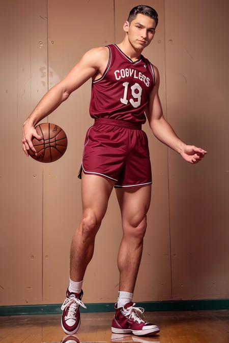 1950's style gymnasium, high ceiling, TravisWade, 1950's style haircut, basketballplayer, maroon and white 1950's style basketball uniform, 1950's style shorts, short shorts, black ((Converse sneakers)), (((full body portrait))), wide angle,  <lora:TravisWade:0.8>   <lora:Clothing - Sexy Basketball Player:0.35>