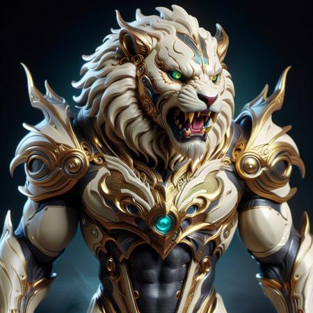 hyper detailed masterpiece, dynamic, awesome quality,ivorygold semi-ghost, mythical creature, lion body, venomous stinger tail ending, human face, sharp teeth,  mane around head and neck, powerful muscular physique, spikes, distinctive fierce expression, formidable legendary beast, fantasy, fairytale<lora:IvoryGold:1>