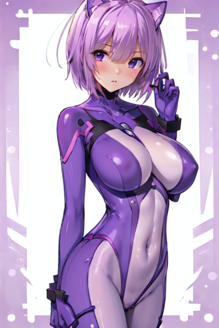 FeeKissthermit, 1girl, solo, short hair, large breasts, purple eyes, purple hair, cat ears, hair over one eye, purple bodysuit, covered navel, skin tight, impossible bodysuit, 