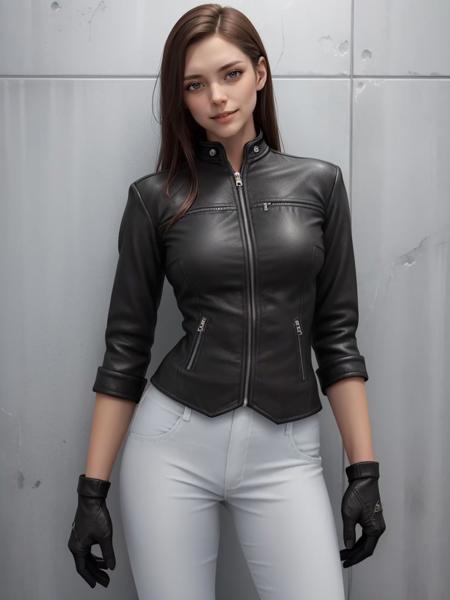 femaleguarduniform,1girl,solo,looking at viewer,(cowboy shot:1.4),(standing:1.3),(realistic:1.3),brown hair,long hair,blue eyes,smile,open mouth,breasts,large breasts,rolling sleeves up,black jacket,leather,leather jacket,zipper,armband,blue armband,gloves,black gloves,pants,(white pants:1.2),boots,knee boots,high heels,high heel boots,black footwear,pants tucked in,indoors,tile floor,tile wall,<lora:PD_Female_Guard_Uniform_V1.0:0.5>,