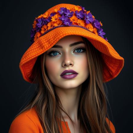A young adult  woman with long hair, wearing an orange and purple hat with many small flowers and a large brim covering her face. She has glossy lips in shades of violet and deep blue. The background is dark gray, creating a contrast between the bright colors on her head and . Photorealistic digital art, focusing on capturing intricate details like textured fabric and vibrant makeup, in the style of a skilled digital artist. 
--aspect