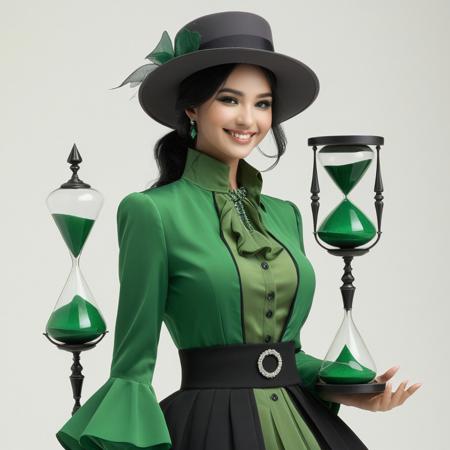 score_9, score_8_up, score_7_up, novuschroma38 style, solo, 1girl, smiling, black hair, hour glass figure, makeup, wearing a layered green blouse, dress, jacket, hat, elegant, fantasy, vibrant colors, masterpiece, detailed,