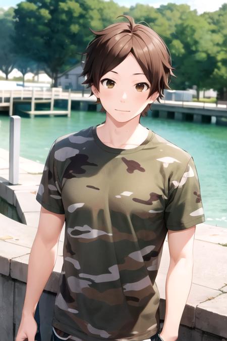 masterpiece, best quality, wallpaper, 1boy, solo, male focus, looking at viewer, , , anime coloring, , <lora:keiichi_katakura:0.72>, keiichi_katakura, brown hair, brown eyes, camo costume, dock,