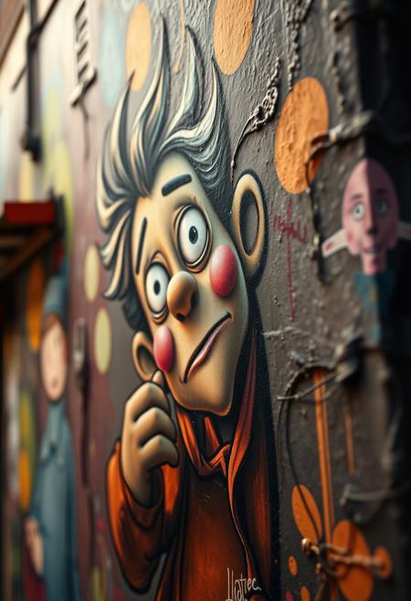 A tight close-up shot of a whimsical, detailed street art painting depicting a person with expressive animation and exaggerated gestures. Lush backgrounds, vibrant colors, dramatic lighting, and touches of darkness create a cinematic, nostalgic feel.  Focus on fluid character movement and emotional storytelling.