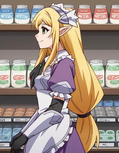 efil, long hair, blonde hair, green eyes, pointy ears, elf, low-tied long hair, gloves, dress, black gloves, elbow gloves, armor, maid, maid headdress,