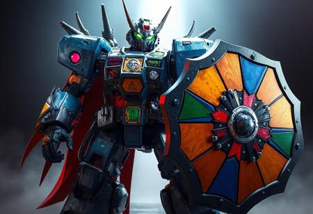 A Dark Eradicator Warlock robot, equipped with a Mad Sword Beast and a Magical Trick Mirror shield, stands ready for action against a Light to the Depths backdrop. The robot,  blue and adorned with colorful stickers, holds a large, multi-colored shield. The high-res image showcases the robot in intricate detail, from its lifelike facial features to its sharply designed clothes. The dynamic action pose and captivating lighting create a sense of movement and excitement, while the vibrant colors and harmonious design contribute to the overall narrative. Trending on Artstation.