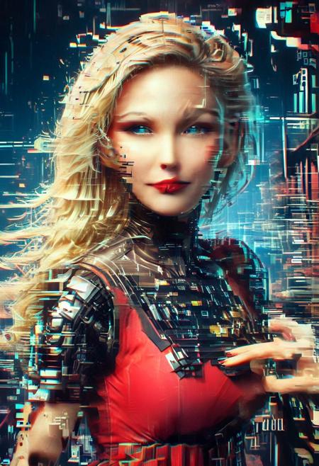 (glitch:1.7), (flickering:1.4), (digital:1.7), portrait, 1girl, close up, score_9, score_8_up, score_7_up, score_6_up, score_5_up, score_4_up, UHD, 8K, masterpiece, detailed, ultra_high_resolution, lots of detail, OverallDetailXL, detailxl, Masterpiece, 32k, photorealistic:1.4, score_9, score_8_up, score_7_up, European, blonde, ginger streaks, long hair, (small waist:2), fitness body, toned muscles, slender legs, high cheekbones, oval face, 32 years old, realistic, blue eyes, Masterpiece, 32k, photorealistic:1.4, blonde, smiling, sexy pose, colorful clothes, bustle dress, fully dressed, (red dress:2), hands hidden, flat color, no lineart, Cyborg Samurai, teletext page, contact advertising, rows of text and prices, ad service.