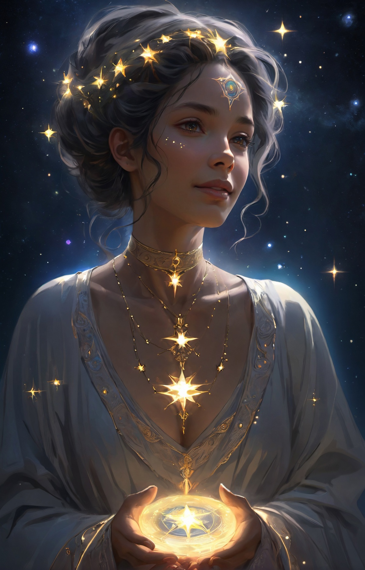 A woman with a star necklace and gold star earrings under a starry sky.