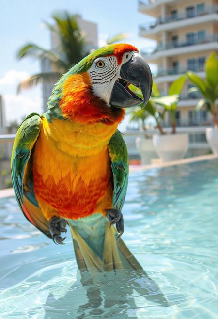 Happy parrot, playing in water,  drinking, thristy, daylight  penthouse, tropical city,