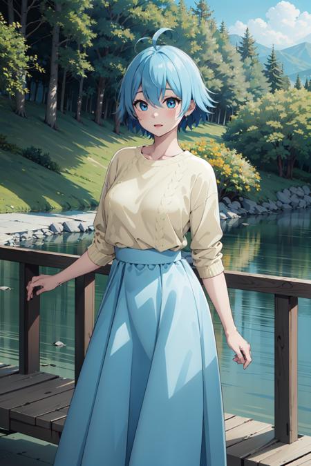 masterpiece, best quality, sky,1girl,out door,forest,cowboy shot,Hyper Detailed eyes,Hyper Detailed hair,
 <lora:VivyV3:0.6>, vivy, long skirt, blue skirt,ahoge,Yellow Summer Sweater,