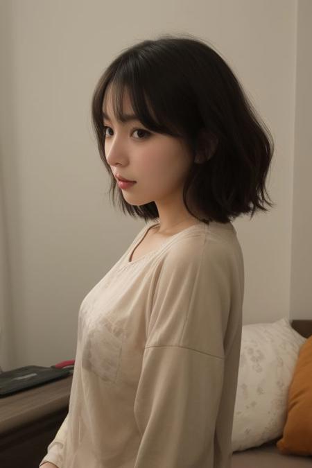 29 yo girl, Korean beauty, short hair, brunette, close-up, girl next door, baggy clothes, night, interior,