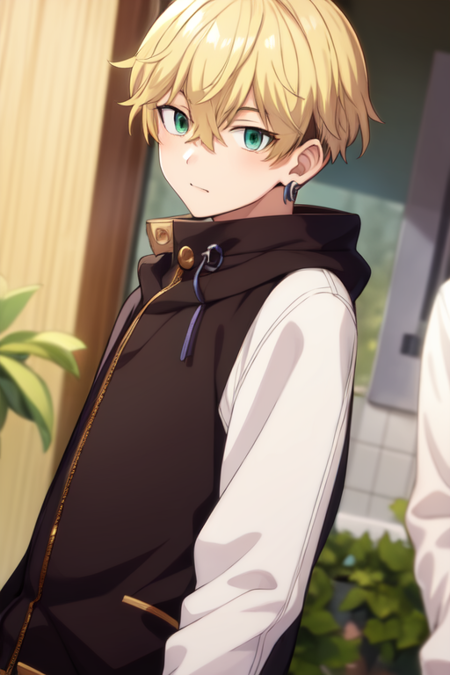 1boy,chifuyu matsuno,male focus,blonde hair, green hair, short hair,jewelry,bangs,hair between eyes,single earring,