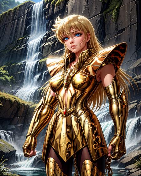 masterpiece, best quality, highres, solo, 1girl, blue eyes, detailed background,waterfall,armor, <lora:more_details:0.7>,outdoor ,(medium breasts:1.5) ,<lora:virgo:0.8>,golden armor,blonde hair