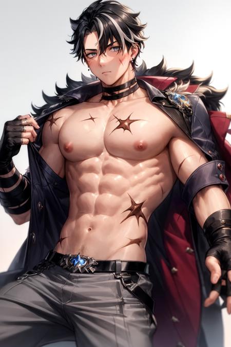 masterpiece, best quality, <lora:Wriothesley:0.8>,1boy, male focus, solo, black hair, abs, muscular, pectorals, gloves, scar on stomach, muscular male, scar, scar on chest, nipples, pants, navel, jewelry, bara, short hair, jacket, large pectorals, multicolored hair, black gloves, fingerless gloves, scar on face, earrings, topless male, streaked hair, coat, scar on arm, belt, feet out of frame, jacket on shoulders, biceps, bare pectorals, grey pants