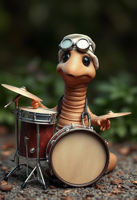 Cute realistic brown Earthworm playing a drum kit, dressed as a doctor