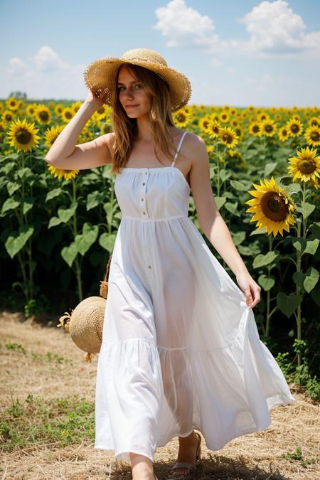 wo_dakpink01 strolled through a sunflower field in a flowing white sundress, her wide-brimmed straw hat shading her from the summer sun, <lora:woDakotaPink01:0.85>