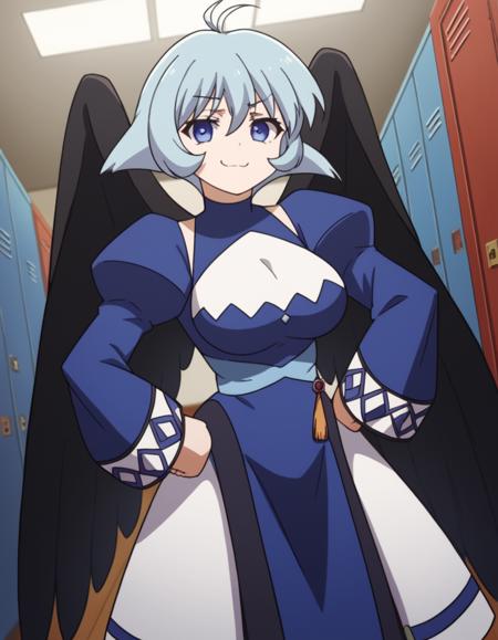 kamyu, short hair, blue eyes, ahoge, antenna hair, large breasts, dress, wings, black wings, blue dress, long sleeves, puffy sleeves,