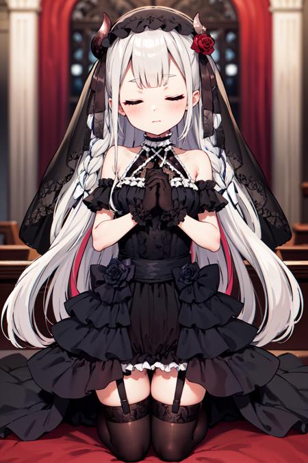 masterpiece, best quality, highres, hmnad, black veil, garter straps, black dress, black thighhighs, black gloves, hair bow, gothic, criss-cross halter, bare shoulders, frills, rose, ribbon, multicolored hair, <lora:naraka_v10:0.7>, own hands together, praying, closed eyes, kneeling, church,