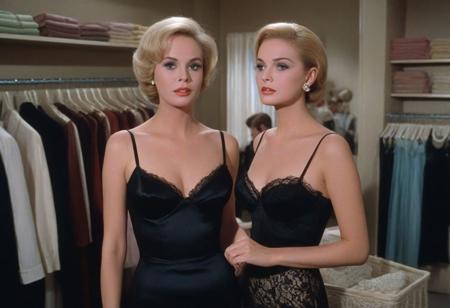 score_9, score_8_up, score_7_up, 1962 Tippi Hedren, pretty blond, slim, slender, wearing black satin slip with spaghetti straps and lace trim, blond, standing in a lingerie store surrounded by silk and satin slips and nighties and lingerie