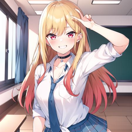 masterpiece, best quality,  <lyco:GoodHands-beta2:1.0>,  <lora:marinkitagawav1:0.6>, kitagawa marin, 1girl, blonde hair, long hair, multicolored hair, red eyes, jewelry, earrings, piercing, school uniform, white shirt, tied shirt, black choker, blue necktie, plaid skirt, indoors, inside, classroom, open smile, pose, desks