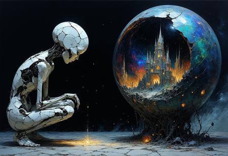 Painterly dark fantasy illustration, style of Brom and Zdzisław Beksiński. Medium close-up: A figure fused from cracked porcelain doll fragments and rusted clockwork gears, hunched posture, gazes intently into a shimmering obsidian orb glowing with internal nebula-like light. Within the orb, a sharp, miniature vision: a sprawling cityscape meticulously constructed from iridescent, shifting beetle wings. Dramatic moonlight casts stark highlights on cracked porcelain and corroded metal, contrasting deep abyssal shadows. Visible, textured brushstrokes. Swirling chromatic dust motes obscure the background. Atmosphere of detached fascination, impossible construction, dreamlike logic.
