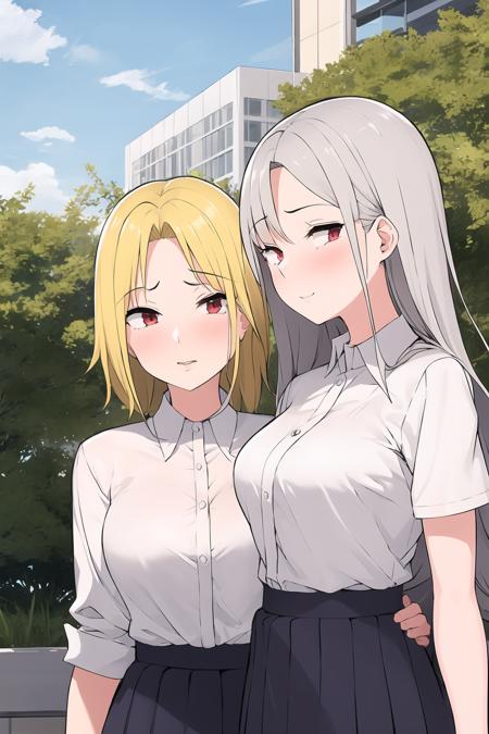 ((masterpiece)), (best quality), (detailed), (2 girls),<lora:Test-08:0.8>
AND (2 girls),white collared shirt,red eyes,blonde hair, skirt
AND (2 girls),white collared shirt,red eyes,long silver hair, skirt