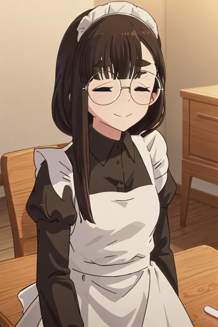 best quality, masterpiece, highres, solo, {maid:1.40}, {long maid dress:1.15}, {toba_minami_yurucamp:1.15}, long_hair, bangs, closed_eyes, glasses, thick_eyebrows, black_hair, brown_hair, smile, closed_mouth