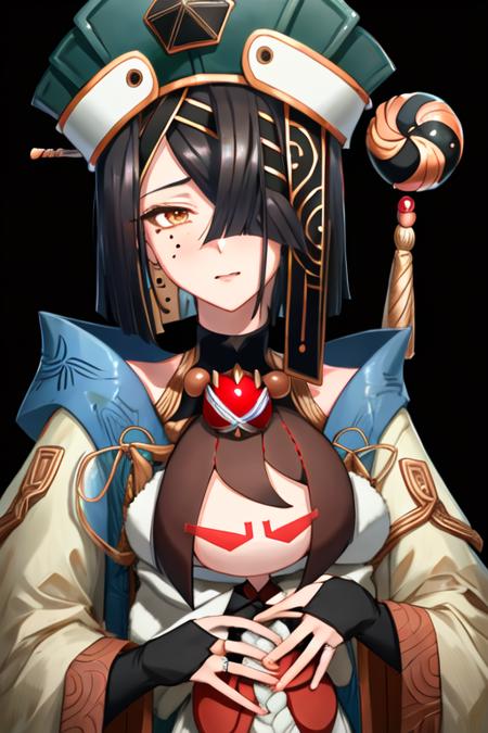 best quality, masterpiece, highres, solo, {xu_fu_fgo:1.15}, black_hair, hair_over_one_eye, mole, mole_under_eye, small_breasts, breasts, doll, hair_ornament, hat, blue_headwear, short_hair, hair_stick, character_doll, brown_eyes, tassel, straight_hair, medium_hair, hair_between_eyes, gem, bridal_gauntlets, upper_body, 1girl, chinese_clothes, holding, long_sleeves, looking_at_viewer, simple_background