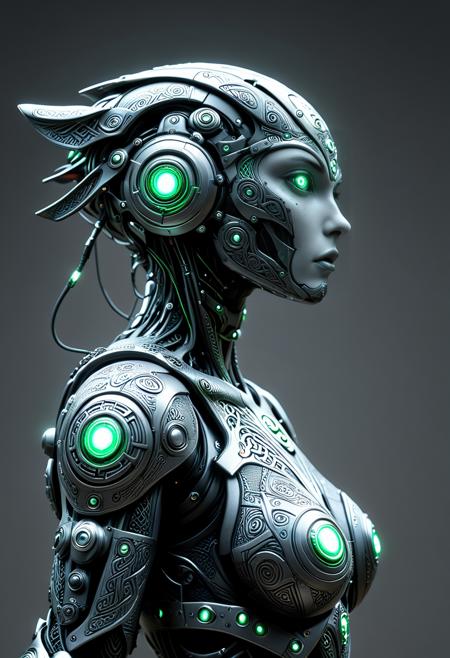 A hyperrealistic CGI render of a celtic folklore robot, from side, extrem close up, simple background, monochrom background, mystic, celtic, fantasy, dark fantasy, masterpiece, absurdres, vibrant, magic , setting, dynamic angle, dynamic pose, dramatic light, highly detailed, high resolution textures, ultra high resolution, mobe-cedeen <lora:CelticDetailEnhancerV1:0.55>, cletic cyborg vibes fusion, cyberpunk, electronic segments, mobe-cybideen, <lora:CyberBioDetailEnhancerV1:1.1>,