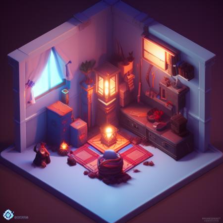 0xisometric, optical illusion room, blue and white, glowing