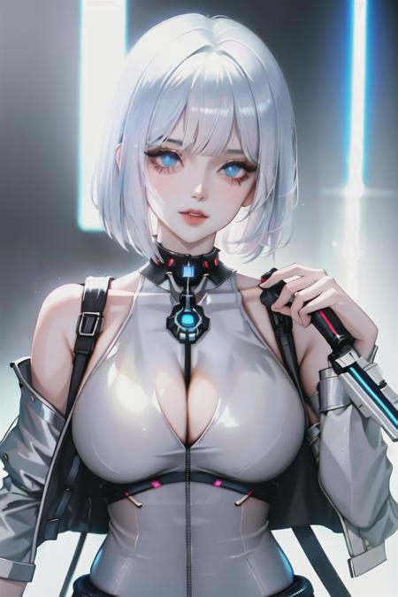 1girl, bangs, white hair, blue eyes, fashi-girl,bob cut,short hair, cleavage, collarbone, open jacket,mecha,cyberpunk,neon lights,large breasts,mature female,shiny skin,rain,water drop,badass,alluring, <lora:anime:0.800000>