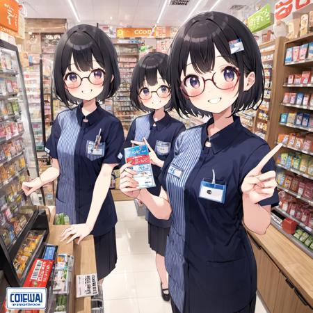 best quality, ultra-detailed, illustration, japanese woman, cute, (shy smile), glasses, 
shop, employee uniform, convenience store, uniform, shirt, black hair, striped shirt, smile, looking at viewer, multiple girls, long hair, striped, indoors, name tag, vertical stripes, vertical-striped shirt, id card, short hair,
 <lora:LAWSON_scenery_SDXL_V2:1>