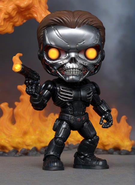 <lora:PE_FunkoPopStyle:1> PEPopFigure, funko pop, figure,
Terminator,
black eyes, burning city, rubbel, flames and fire,
masterpiece, high resolution, octance 4k, high detail,