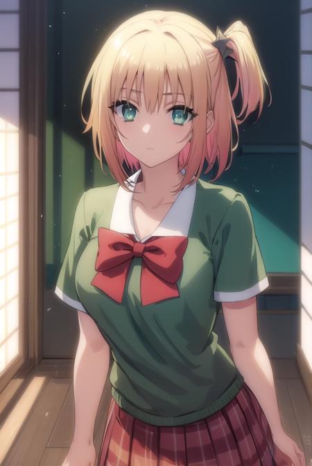 yuki yoshida, short hair, blonde hair, hair ornament, (green eyes:1.3), one side up, skirt, bow, school uniform, serafuku, plaid, red bow, brown skirt,